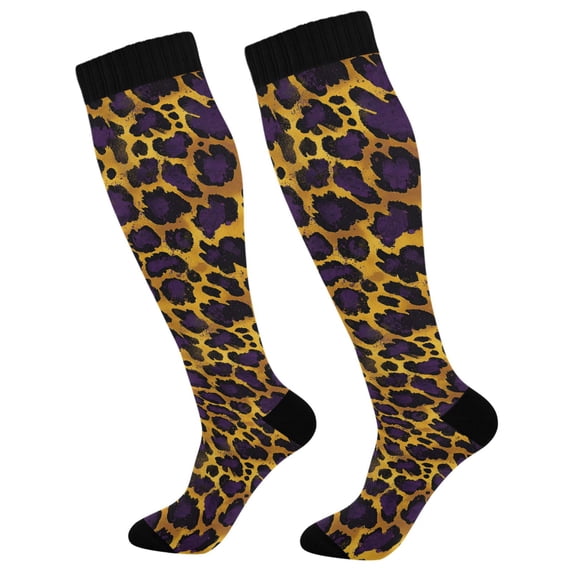 FORMRS Womens Knee High Socks Casual Long Thick Travel Daily Wear, 1 Pair, Purple Leopard Pattern