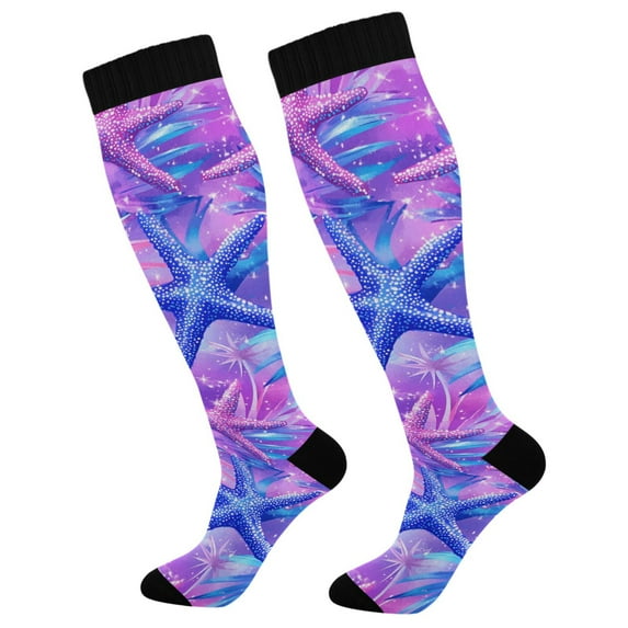 FORMRS Womens Knee High Socks Casual Long Thick Travel Daily Wear, 1 Pair, Purple Starfish Pattern