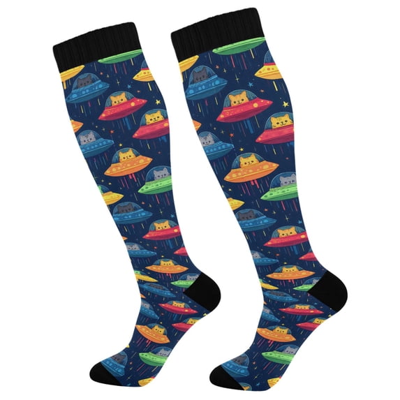 FORMRS Womens Knee High Socks Casual Long Thick Travel Daily Wear, 1 Pair, Rainbow Space Cat