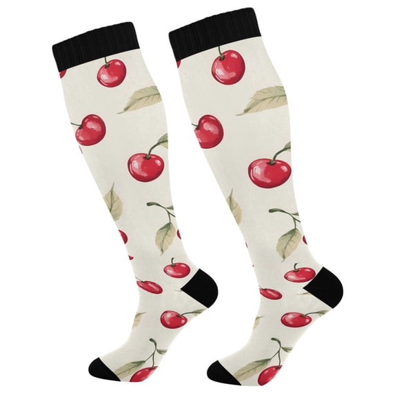 FORMRS Womens Knee High Socks Casual Long Thick Travel Daily Wear, 1 Pair, Red Cherry