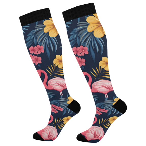 FORMRS Womens Knee High Socks Casual Long Thick Travel Daily Wear, 1 Pair, Red Floral Flamingo