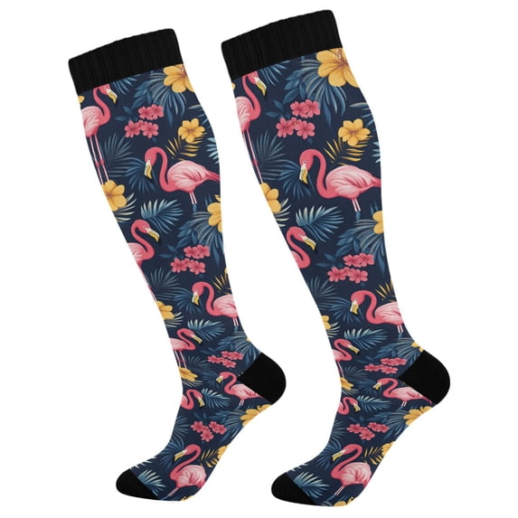 FORMRS Womens Knee High Socks Casual Long Thick Travel Daily Wear, 1 Pair, Red Floral Flamingo