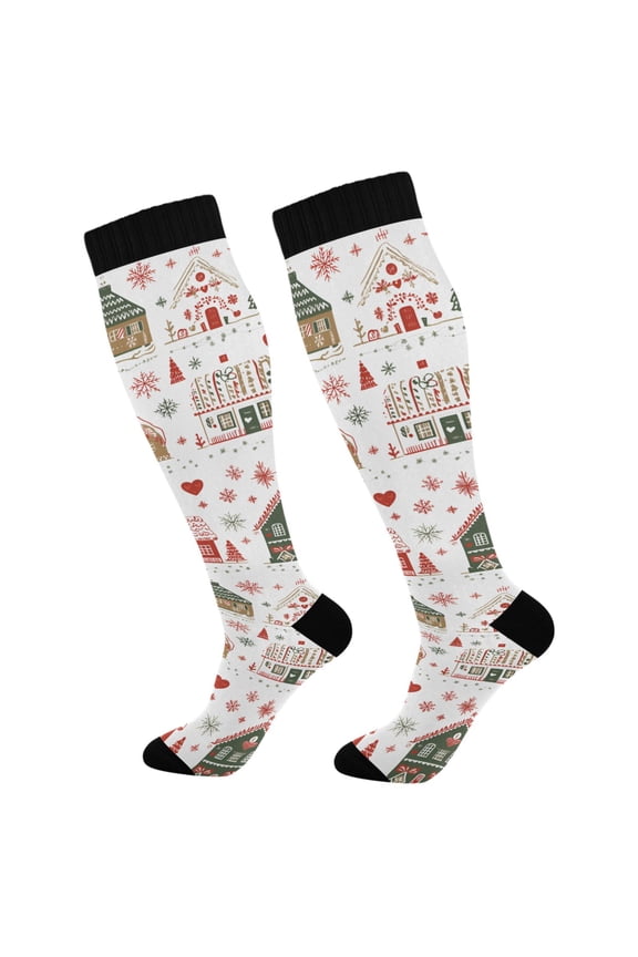 Womens Knee High Socks Casual Long Thick Travel Daily Wear, 1 Pair, Red Nordic Christmas House