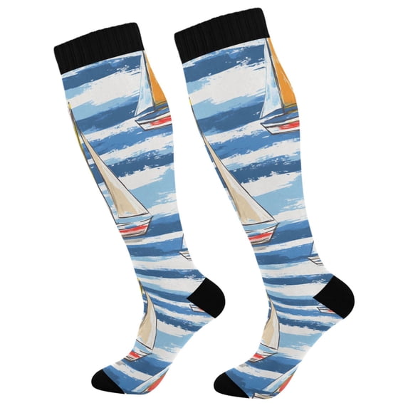 FORMRS Womens Knee High Socks Casual Long Thick Travel Daily Wear, 1 Pair, Red Sailboats