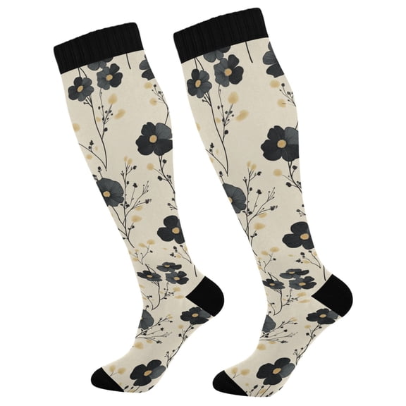FORMRS Womens Knee High Socks Casual Long Thick Travel Daily Wear, 1 Pair, Small Black Flowers