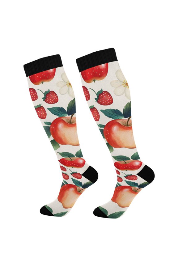 Womens Knee High Socks Casual Long Thick Travel Daily Wear, 1 Pair, Strawberry Pattern