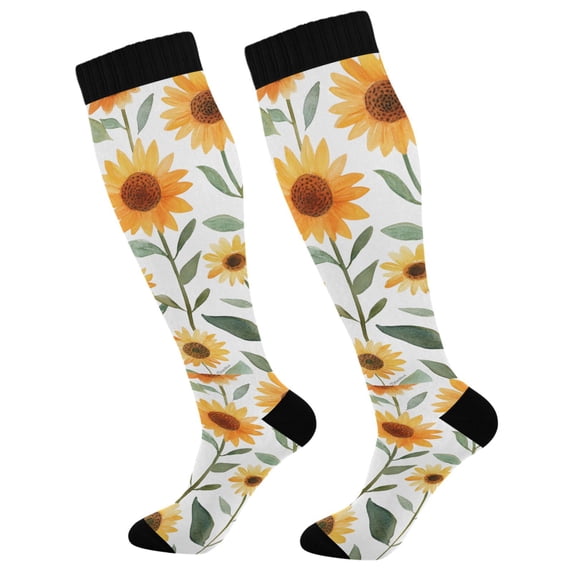FORMRS Womens Knee High Socks Casual Long Thick Travel Daily Wear, 1 Pair, Sunflowers and Leaves Pattern
