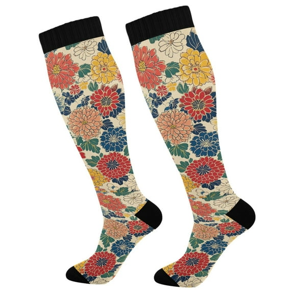 FORMRS Womens Knee High Socks Casual Long Thick Travel Daily Wear, 1 Pair, Vibrant Flowers Pattern