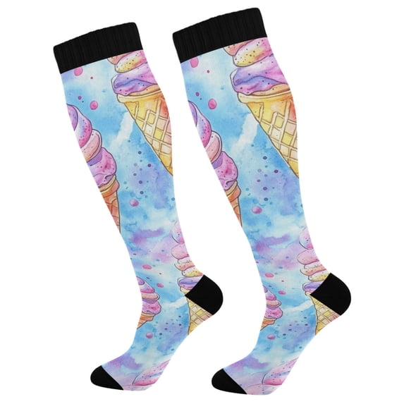 FORMRS Womens Knee High Socks Casual Long Thick Travel Daily Wear, 1 Pair, Watercolor Ice Cream Pattern