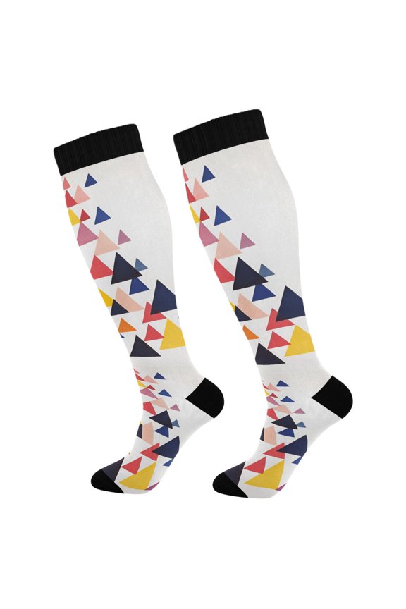 Womens Knee High Socks Casual Long Thick Travel Daily Wear, 1 Pair, White Abstract Triangles