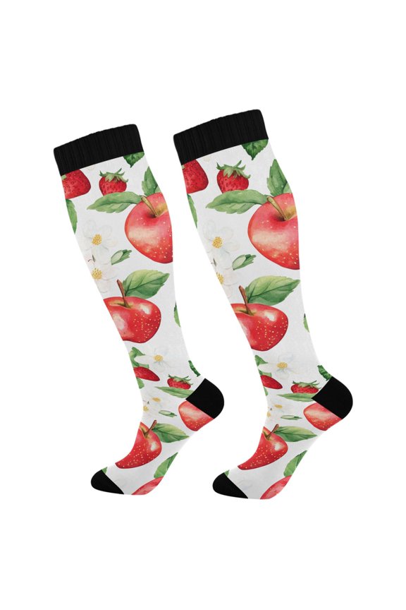 Womens Knee High Socks Casual Long Thick Travel Daily Wear, 1 Pair, White Apple Pattern