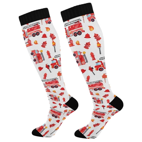 FORMRS Womens Knee High Socks Casual Long Thick Travel Daily Wear, 1 Pair, White Cartoon Fire Truck Pattern