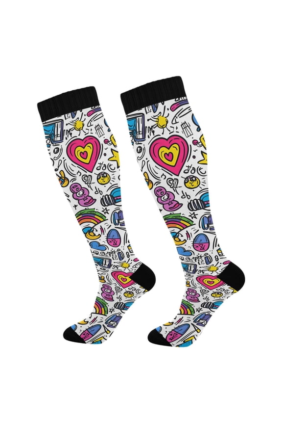 Womens Knee High Socks Casual Long Thick Travel Daily Wear, 1 Pair, White Doodle Pattern