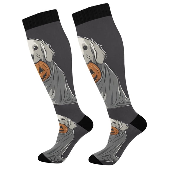 FORMRS Womens Knee High Socks Casual Long Thick Travel Daily Wear, 1 Pair, White Halloween Dog