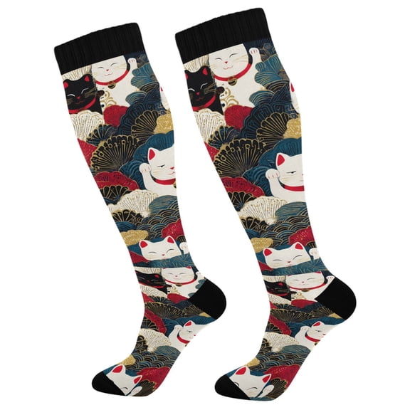 FORMRS Womens Knee High Socks Casual Long Thick Travel Daily Wear, 1 Pair, White Lucky Cat