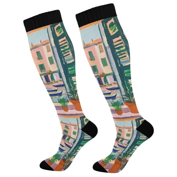 FORMRS Womens Knee High Socks Casual Long Thick Travel Daily Wear, 1 Pair, Window Scene