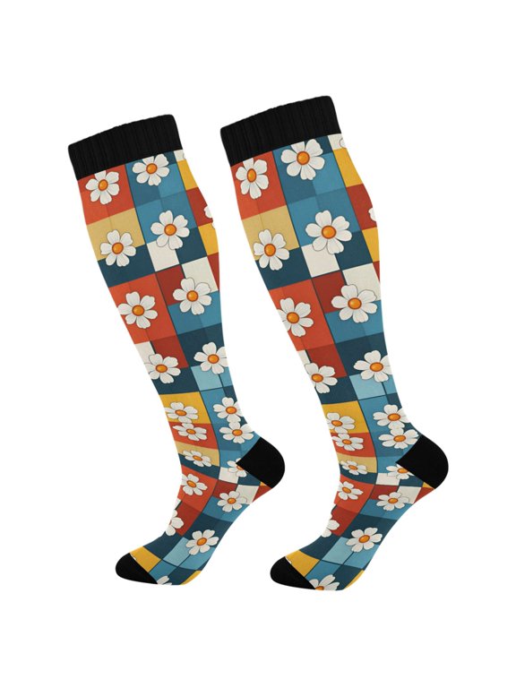 Womens Knee High Socks Casual Long Thick Travel Daily Wear, 1 Pair, Yellow Checkered Daisy