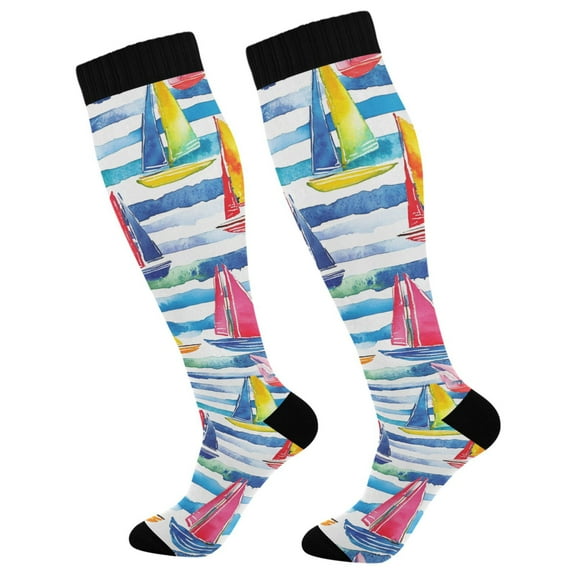 FORMRS Womens Knee High Socks Casual Long Thick Travel Daily Wear, 1 Pair, Yellow Hand Drawn Sailboats