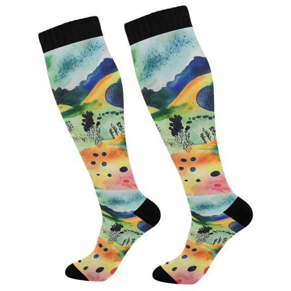 FORMRS Womens Knee High Socks Casual Long Thick Travel Daily Wear, 2 Pairs, Art Field