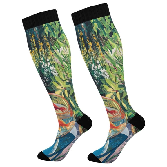 FORMRS Womens Knee High Socks Casual Long Thick Travel Daily Wear, 2 Pairs, Art Goldfish Bowl
