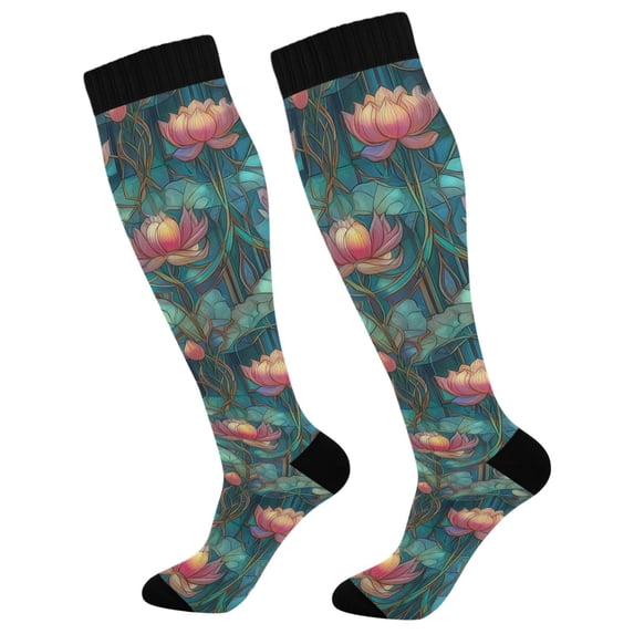 FORMRS Womens Knee High Socks Casual Long Thick Travel Daily Wear, 2 Pairs, Art Water Lilies Pattern