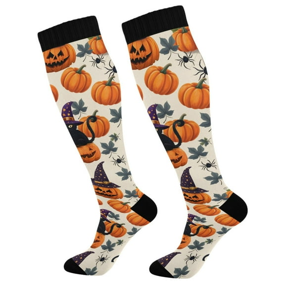 FORMRS Womens Knee High Socks Casual Long Thick Travel Daily Wear, 2 Pairs, Beige Halloween Cat Pattern