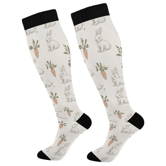 FORMRS Womens Knee High Socks Casual Long Thick Travel Daily Wear, 2 Pairs, Beige Rabbits and Carrots