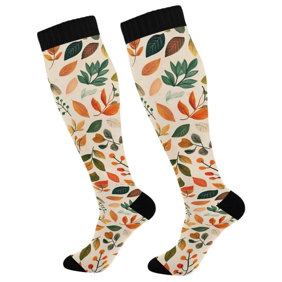 FORMRS Womens Knee High Socks Casual Long Thick Travel Daily Wear, 2 Pairs, Beige Retro Leaves