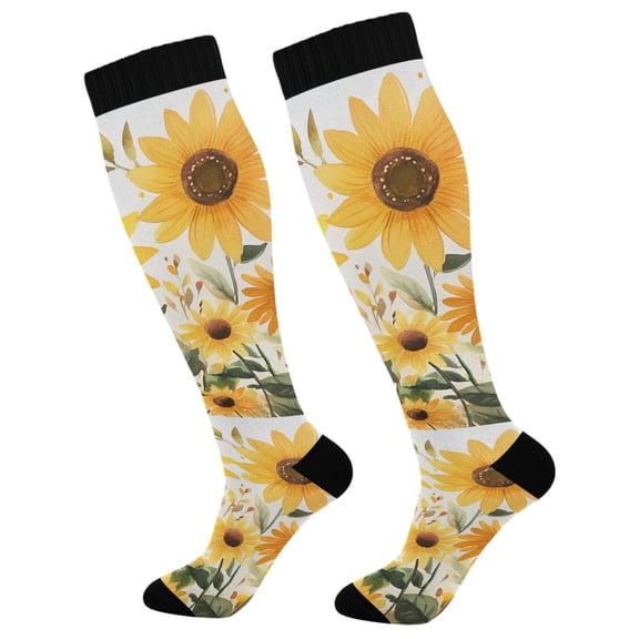 FORMRS Womens Knee High Socks Casual Long Thick Travel Daily Wear, 2 Pairs, Beige Sunflowers