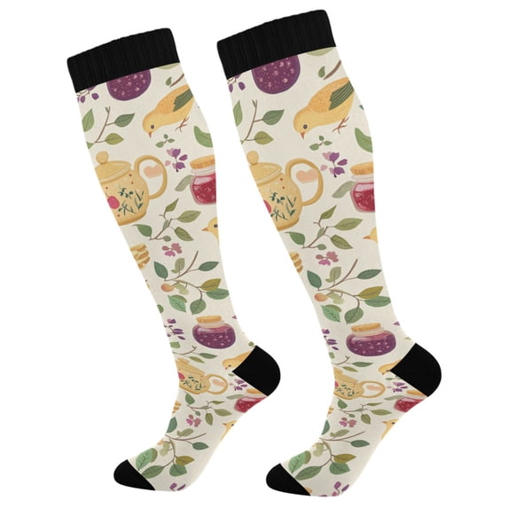 FORMRS Womens Knee High Socks Casual Long Thick Travel Daily Wear, 2 Pairs, Birds Tea Time