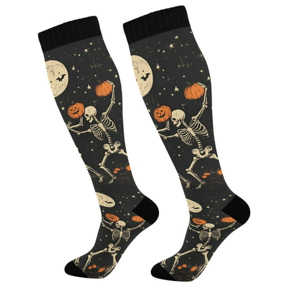 FORMRS Womens Knee High Socks Casual Long Thick Travel Daily Wear, 2 Pairs, Black Halloween Dancing Skeleton