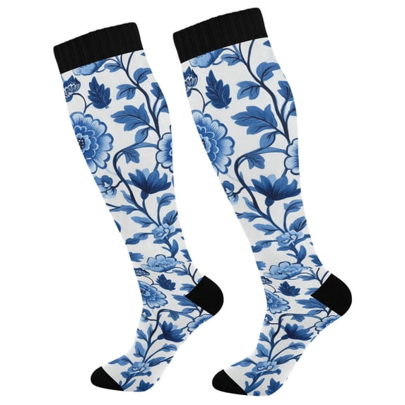FORMRS Womens Knee High Socks Casual Long Thick Travel Daily Wear, 2 Pairs, Blue Floral Pattern