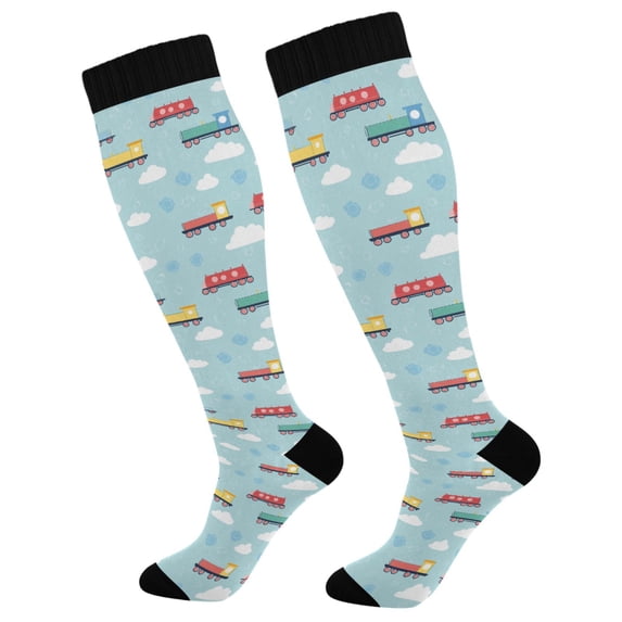 FORMRS Womens Knee High Socks Casual Long Thick Travel Daily Wear, 2 Pairs, Blue Trains Pattern