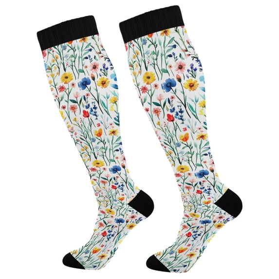 FORMRS Womens Knee High Socks Casual Long Thick Travel Daily Wear, 2 Pairs, Blue Wildflower Pattern