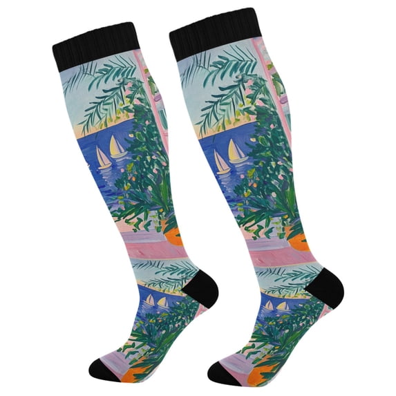 FORMRS Womens Knee High Socks Casual Long Thick Travel Daily Wear, 2 Pairs, Boat Seaside