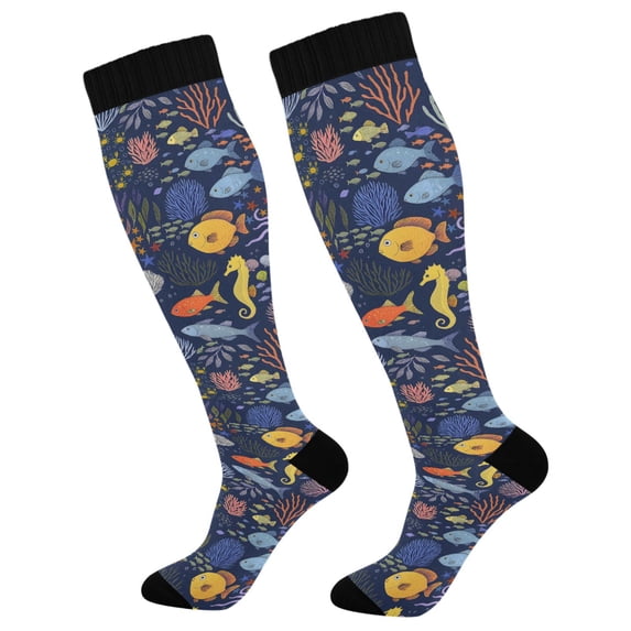 FORMRS Womens Knee High Socks Casual Long Thick Travel Daily Wear, 2 Pairs, Cartoon Ocean Pattern