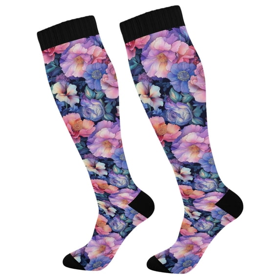 FORMRS Womens Knee High Socks Casual Long Thick Travel Daily Wear, 2 Pairs, Colorful Art Flowers