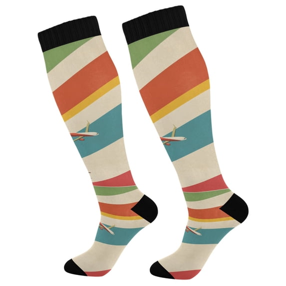 FORMRS Womens Knee High Socks Casual Long Thick Travel Daily Wear, 2 Pairs, Colorful Plane