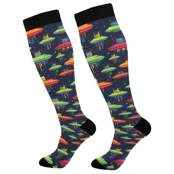 FORMRS Womens Knee High Socks Casual Long Thick Travel Daily Wear, 2 Pairs, Colorful Space Cat