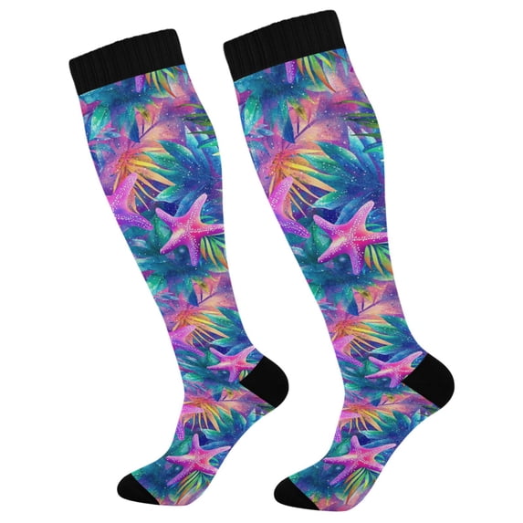 FORMRS Womens Knee High Socks Casual Long Thick Travel Daily Wear, 2 Pairs, Colorful Starfish