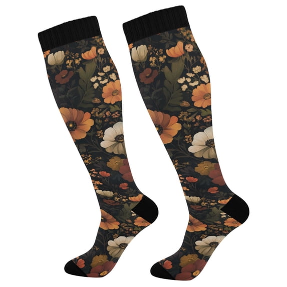 FORMRS Womens Knee High Socks Casual Long Thick Travel Daily Wear, 2 Pairs, Dark Floral Pattern