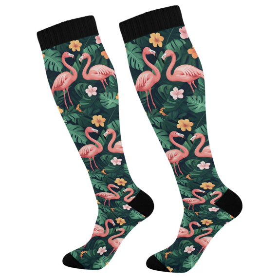 FORMRS Womens Knee High Socks Casual Long Thick Travel Daily Wear, 2 Pairs, Flamingo Leaves Pattern