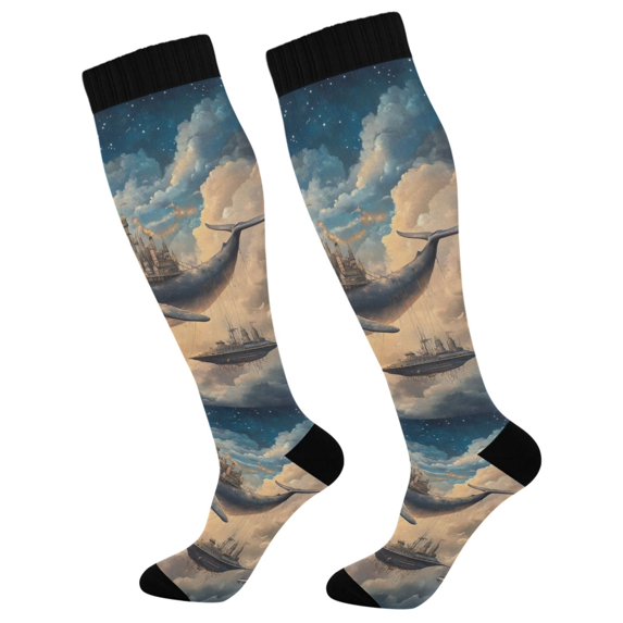 FORMRS Womens Knee High Socks Casual Long Thick Travel Daily Wear, 2 Pairs, Floating Whale