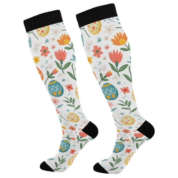 FORMRS Womens Knee High Socks Casual Long Thick Travel Daily Wear, 2 Pairs, Floral Easter Eggs
