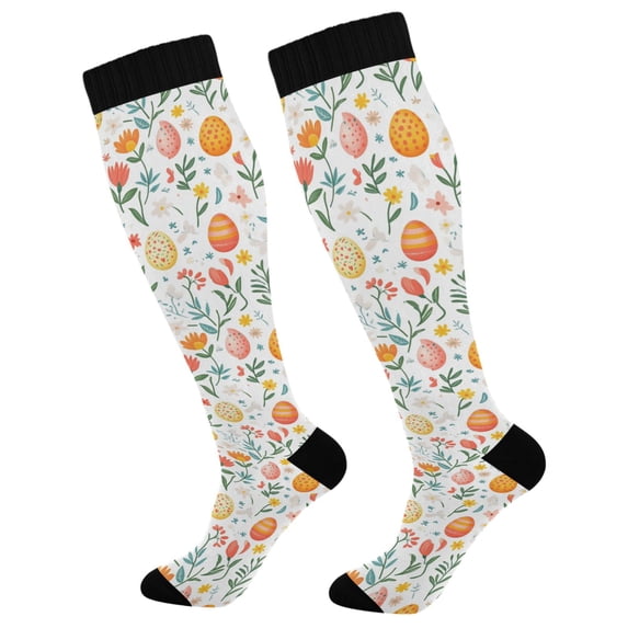 FORMRS Womens Knee High Socks Casual Long Thick Travel Daily Wear, 2 Pairs, Floral Easter Eggs