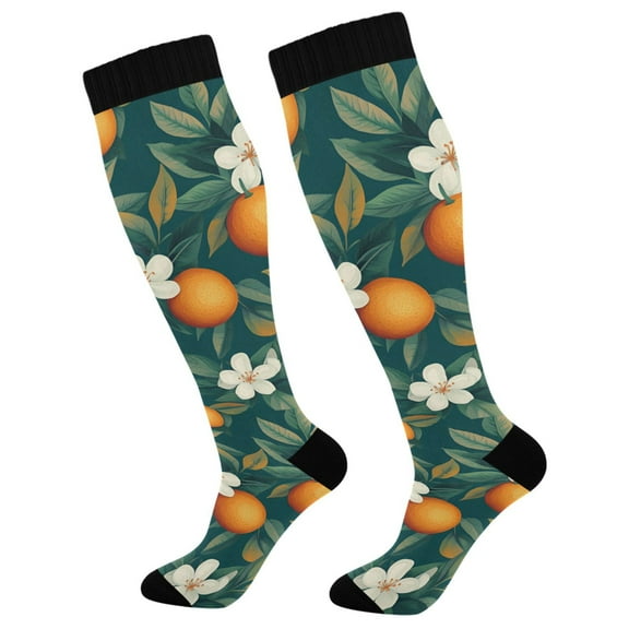 FORMRS Womens Knee High Socks Casual Long Thick Travel Daily Wear, 2 Pairs, Floral Orange Pattern