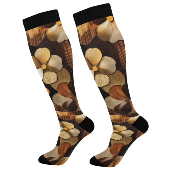 FORMRS Womens Knee High Socks Casual Long Thick Travel Daily Wear, 2 Pairs, Gold Flower