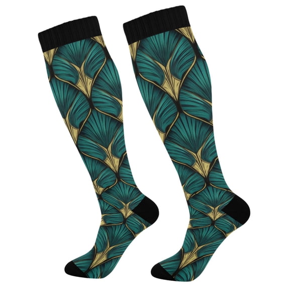 FORMRS Womens Knee High Socks Casual Long Thick Travel Daily Wear, 2 Pairs, Green Abstract Pattern
