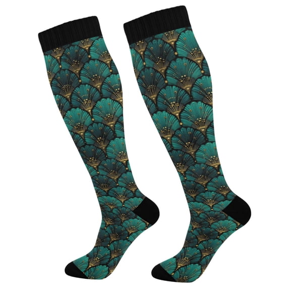 FORMRS Womens Knee High Socks Casual Long Thick Travel Daily Wear, 2 Pairs, Green Art Abstract Pattern