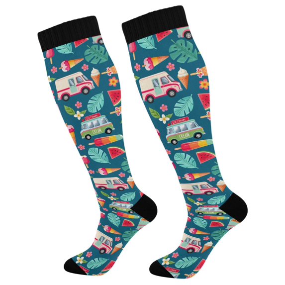 FORMRS Womens Knee High Socks Casual Long Thick Travel Daily Wear, 2 Pairs, Green Cartoon Truck Pattern
